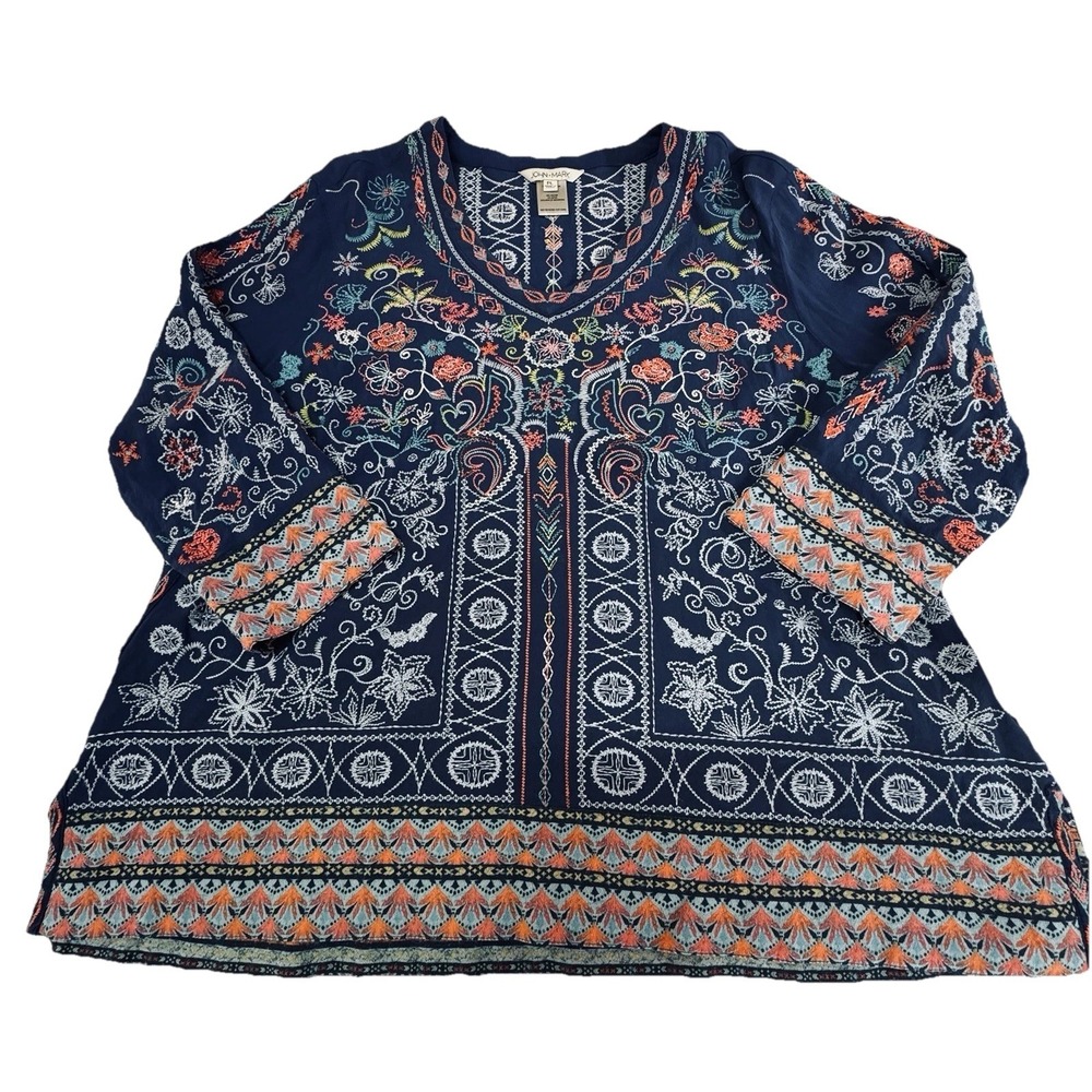 John Mark PL Petite Large Blue Embroidered Boho Tunic Top
